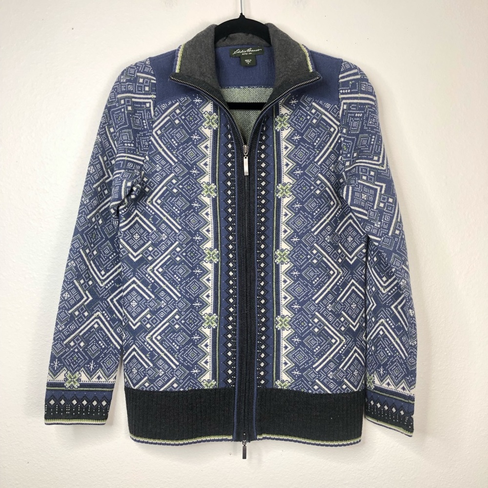 Eddie Bauer 100% merino wool full zip sweater casual spring fair isle geeometric